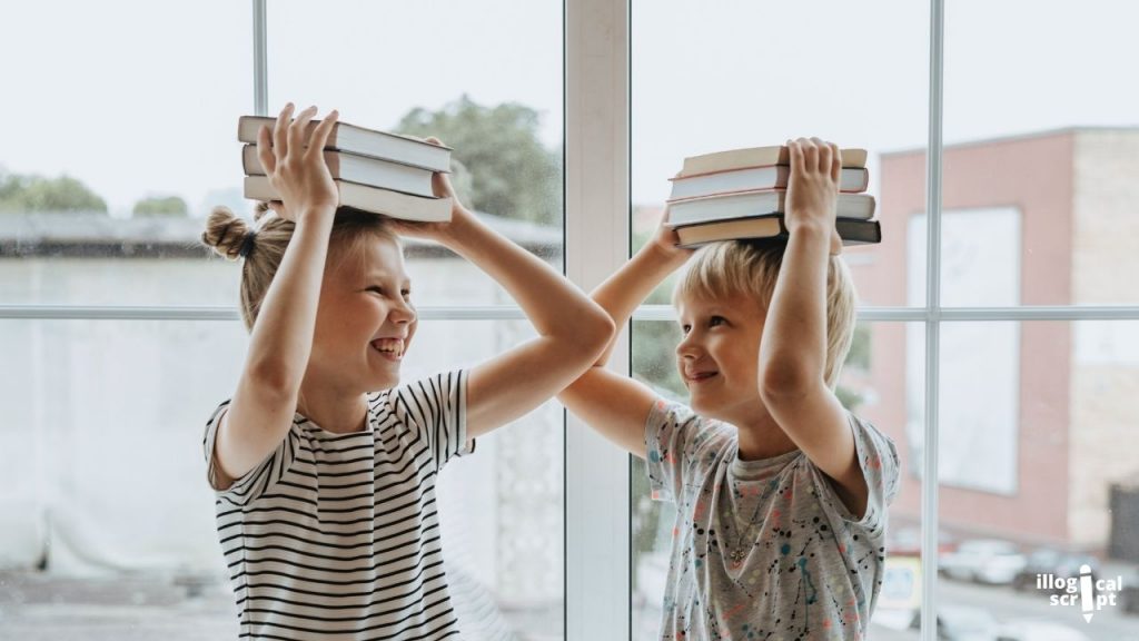 A girl and a boy putting books on their head.