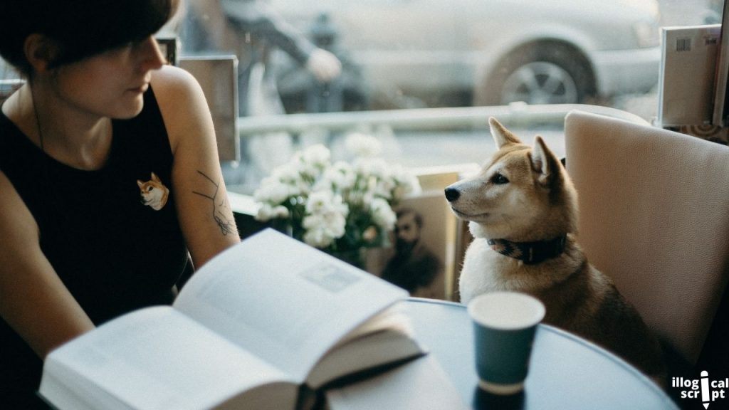 a woman and her dog staring at each other with a book on the table