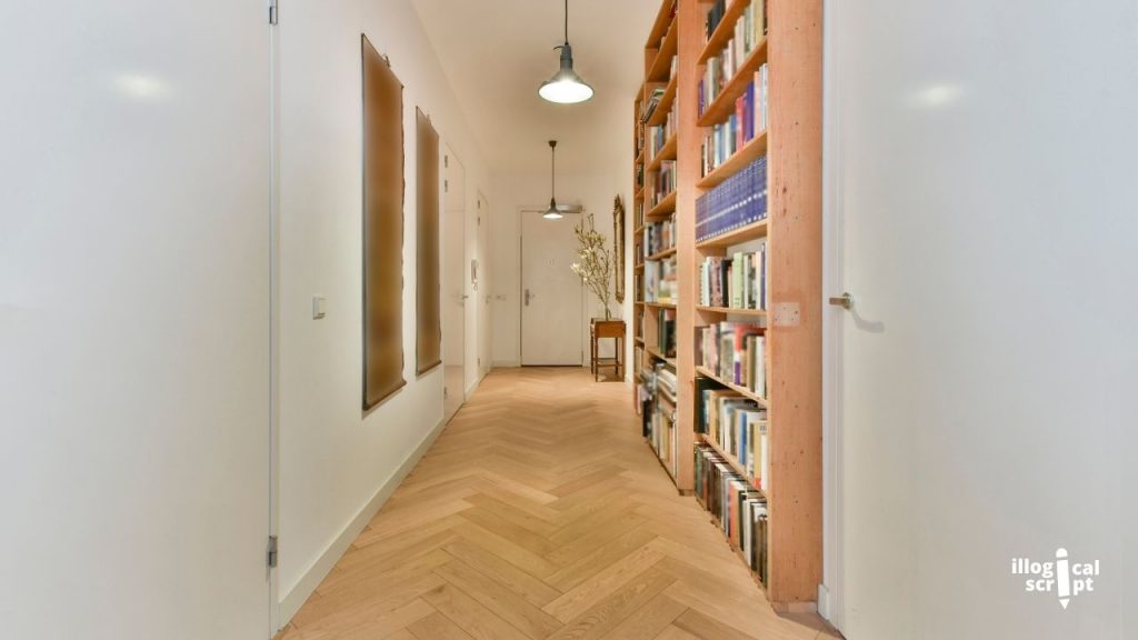 the hallway bookshelves