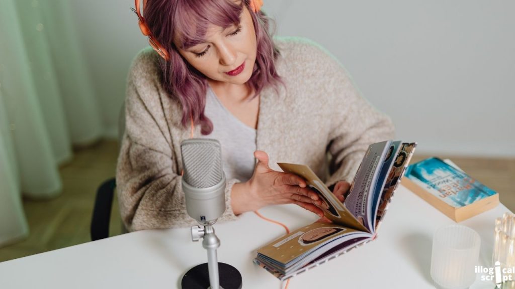 a woman reading a book with headphones on