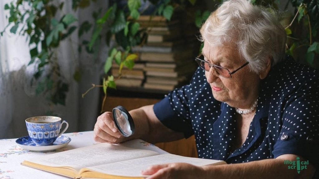 an old woman testing a book with a magnifying glass