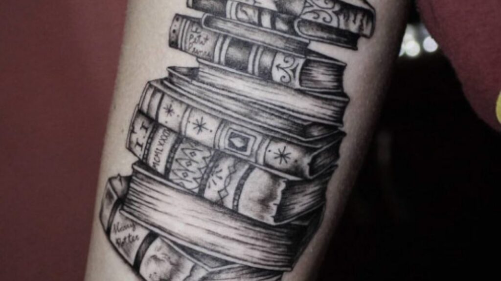 a pile of books tattoo
