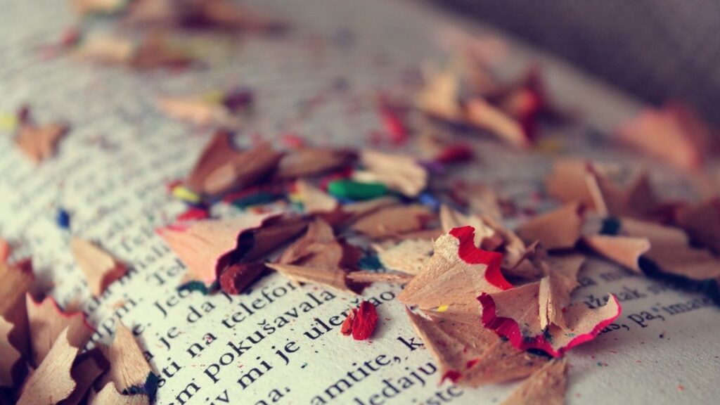 a book with pencil shavings on it