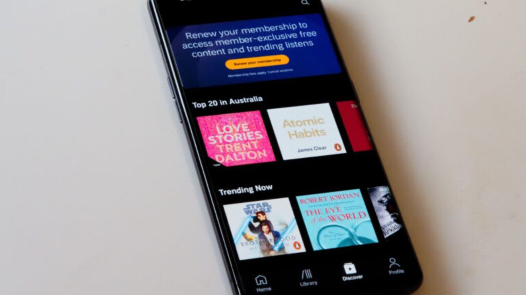 mobile phone with audiobooks on screen.