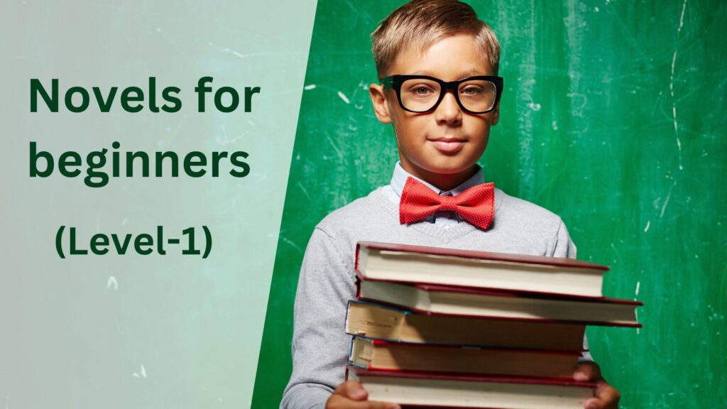 A boy holding stack of books. | 25 Best Novels for Beginners to Improve English