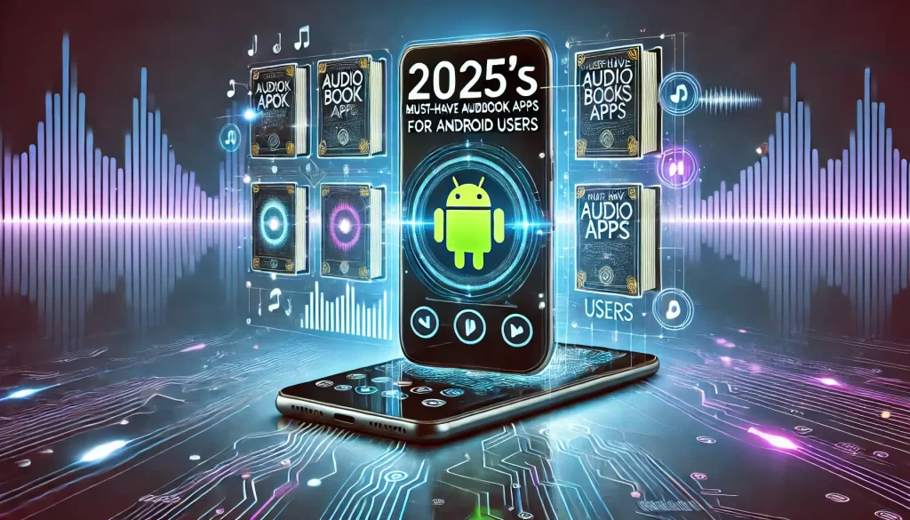 A modern illustration showcasing a stylish Android smartphone displaying a vibrant audiobook interface, encircled by holographic book covers and soundwaves. The text states 'Essential Audiobook Apps of 2025' in bold, contemporary lettering, with 'For Android Users' in a smaller font beneath. The backdrop features a gradient of blue and purple hues, complemented by subtle AI circuit designs and digital grids.