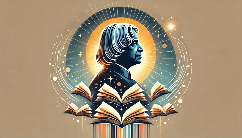 "Abstract representation of Dr. APJ Abdul Kalam surrounded by glowing books on a celestial-themed background with the title 'Top 8 Books by APJ Abdul Kalam.'"