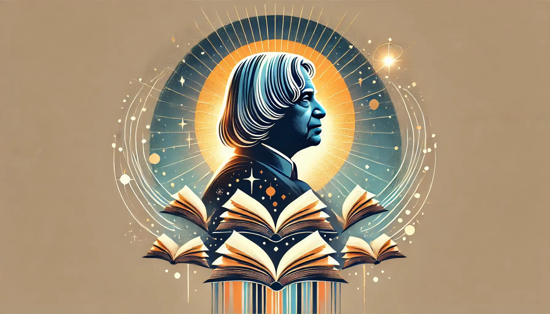 "Abstract representation of Dr. APJ Abdul Kalam surrounded by glowing books on a celestial-themed background with the title 'Top 8 Books by APJ Abdul Kalam.'"