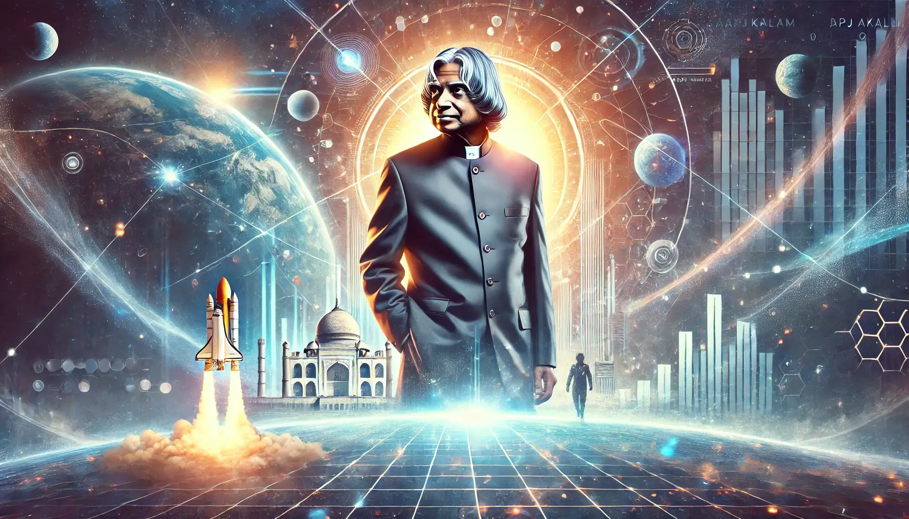 "An artistic portrayal of Dr. APJ Abdul Kalam standing in a futuristic setting, surrounded by celestial elements, rocket launches, and architectural symbols like the Taj Mahal, representing innovation, vision, and India's legacy."