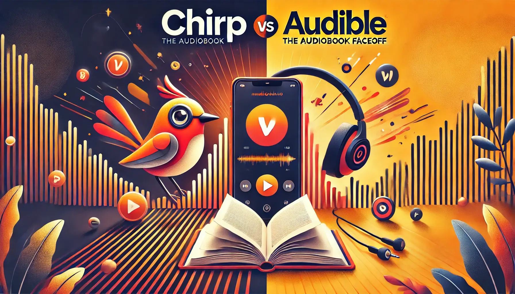 An illustration showcasing a comparison between audiobook platforms Chirp and Audible, with a divided background. Chirp is symbolized by a cheerful bird mascot and an open book on a lively, warm side, while Audible is represented by headphones and a radiant waveform on a stylish, upscale side.