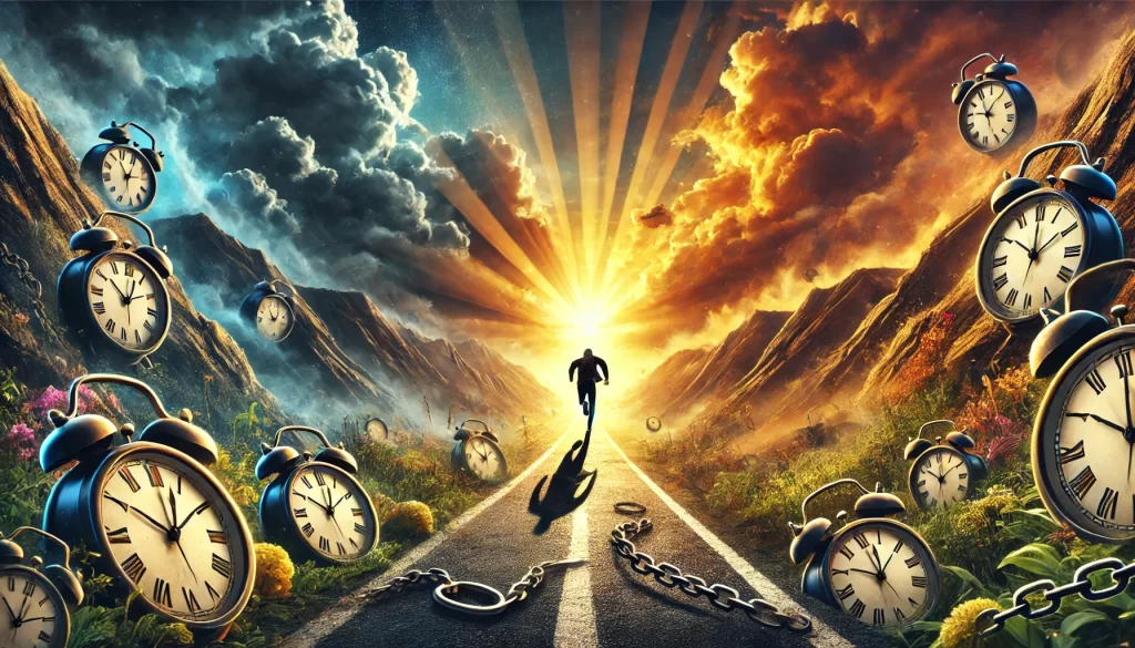 A sunrise pierces through the gloomy clouds above a rough mountain trail, where a resolute figure strides ahead, leaving behind a trail of broken clocks and chains, representing the triumph over procrastination and the embrace of decisive action.